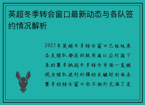 英超冬季转会窗口最新动态与各队签约情况解析
